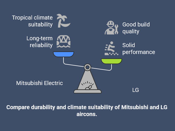 Compare durability and climate suitability of Mitsubishi and LG aircons.