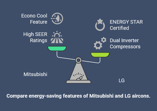 Compare energy-saving features of Mitsubishi and LG aircons.